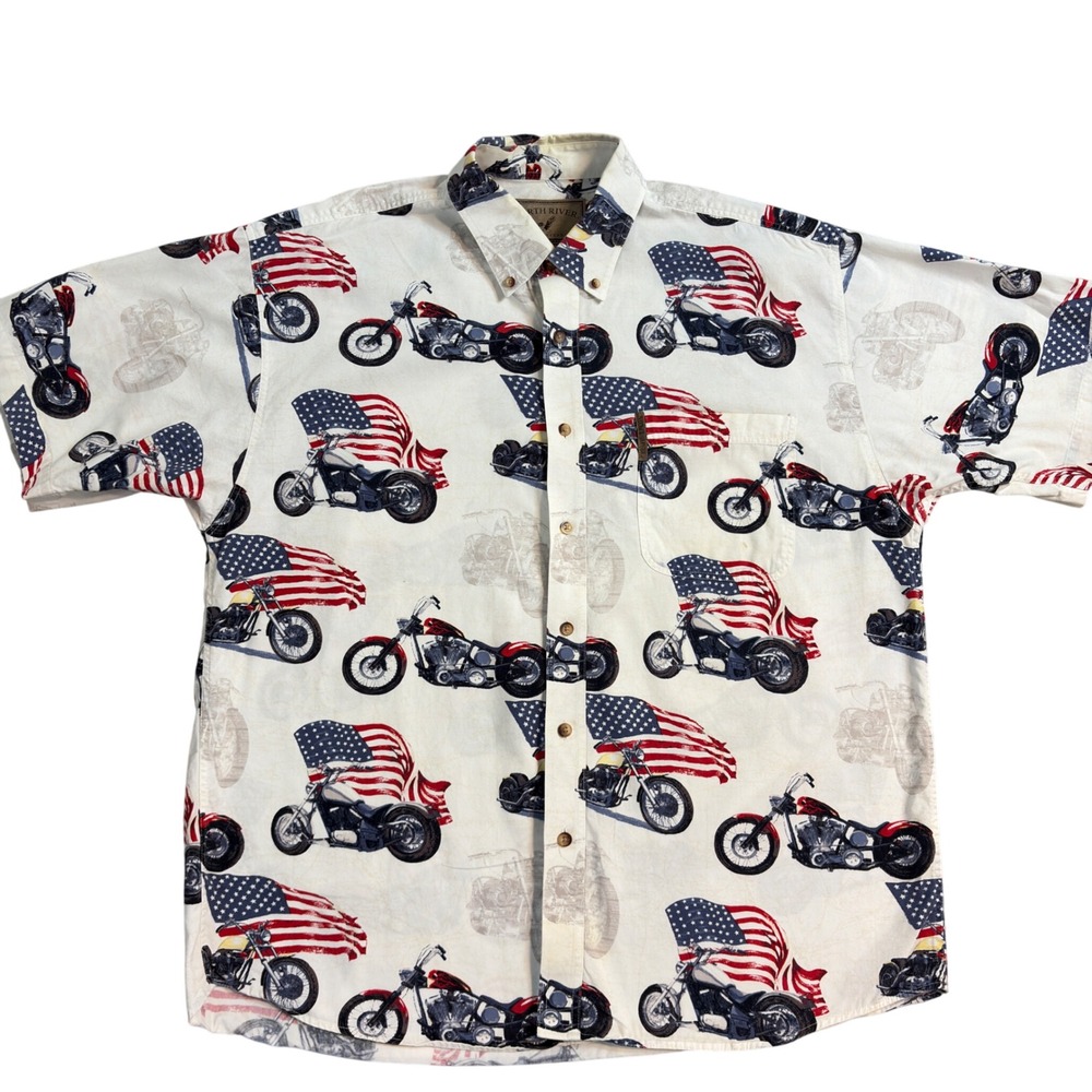 North River Outfitters L Short Sleeve Button Up Shirt Motorcycles American Flag